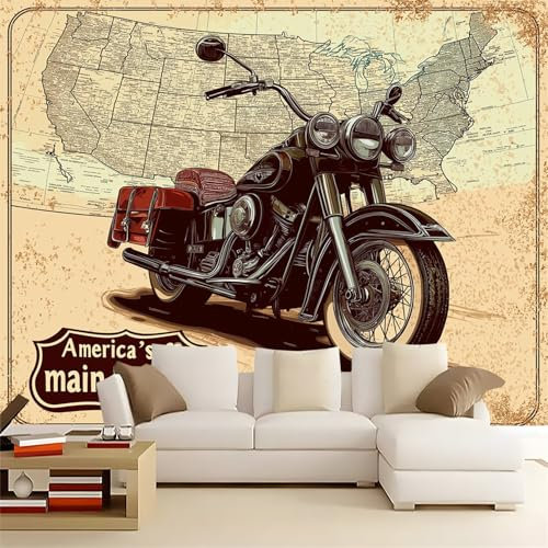 Papier Peint Panoramique 3D Affiche De Moto Rétro Papiers Peints Intissé Murales Poster 300 x 210 cm pour chambre à coucher et salon Papier peint Film de protection mural Brun