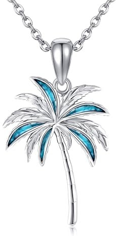 URONE Palm Tree Necklace 925 Sterling Silver Coconut Tree Turquoise Pendant Necklace Tropical Palm Beach Jewelry Gifts for Women