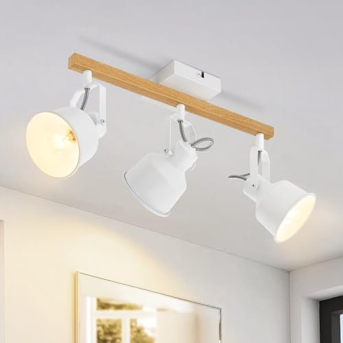 GBLY Deckenstrahler 3 Flammig Weiß: Deckenlampe Vintage Schwenkbar 350° MAX.25W E14 Fassung Industrial Holzmaserung Spotbalken für Wohnzimmer Schlafzimmer Büro (ohne Leuchtmittel)
