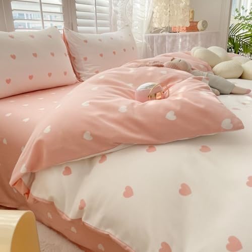 Freyamy Housse de Couette 140x200 Coeur Rose Blanc Ado Filles Linge de Lit | Linge de Lit 1 Personne, Fermeture Éclair, Housse Couette en Microfibre, 1 Taie d'oreiller 65x65cm, Certifié Oeko-Tex