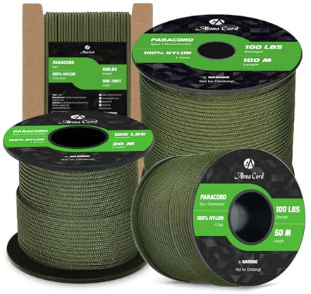 Abma Cord Paracord 2mm 100% Nylon Corda 15m Tipo I Corda da Paracadute a 1 Filo - Max. 45 kg - Verde Militare