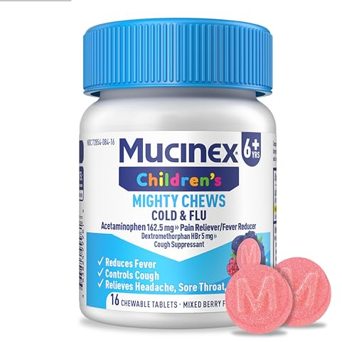 Mucinex Children's Mighty Chews Cold and Flu Medicine, Easy to Dose Children's Acetaminophen & Dextromethorphan, Kids Cough Medicine, Ages 6+, Mixed Berry Flavor, 16 Medicated Chewable Tablets