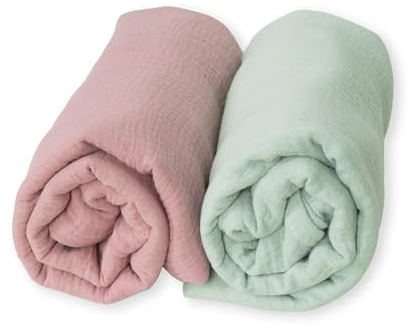 2 Stück Musselin für Babys, 120 x 120 cm, Decke, Einschlagdecke, Bambus, Baumwolle, für Neugeborene, natürliche Fasern, superweich, hypoallergen (Rosa/Minze)