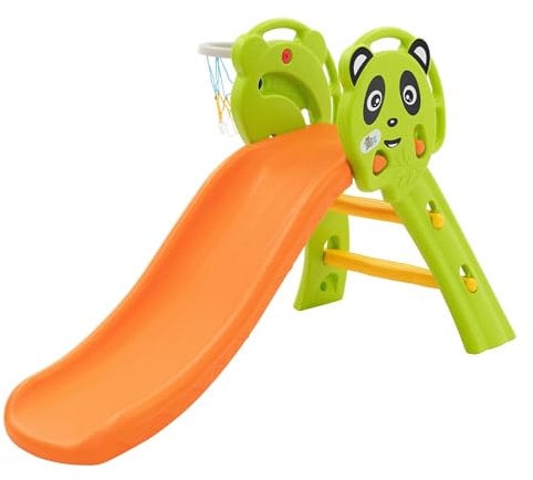 Joyz Toboggan pour Enfants 2 en 1, Vert-Orange, en Plastique HDPE, avec Panier de Basket, Ballon et Pompe à Air Inclus, à Partir de 3 Ans, Montage au Système d'Emboîtage, Intérieur/Extérieur