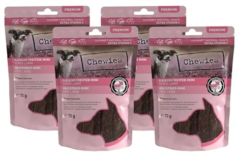 Chewies Fleischstreifen MINI Hundeleckerli aus 100% Lammfleisch - 4 x 70 g - Snack für kleine Hunde - luftgetrocknete Lamm Kaustreifen - hypoallergen & getreidefrei - Dörrfleisch vom Lamm