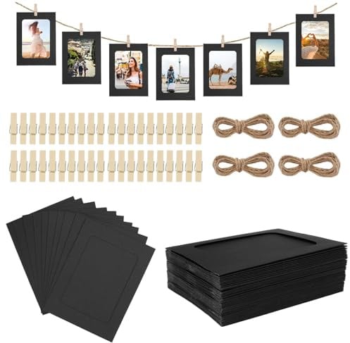 40 Aufhängen Fotorahmen Aus Pappe, 11.5 x 15.5 cm, Kraftpapier Bilderrahmen | Schwarz Papier Fotorahmen, Fotorahmen aus Pappe mit Holzklammern und Hanfseilen, Kreativer Papier-Bilderrahmen, für Party