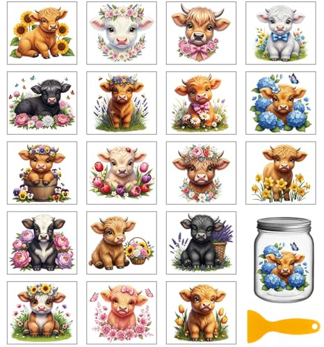 GLOBLELAND 18 Blatt Vintage Highland Cattle Rub On Transfers Aufkleber Für Handwerk 3.9x3.6 Zoll Kühe Tiere UV DTF Cup Wraps Aufkleber Aufkleber Bunte Blumen Transfer Aufkleber Für Glasflaschen Dekore
