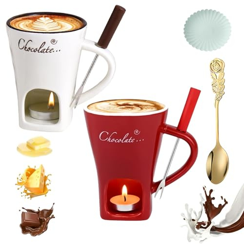 Gienslru Chocolate Fondue Mug Set, Ceramic Chocolate Fondue Coffee Cup with Forks, Mini Simmer Mug for Cheese, Tea Light Heating Butter Warmer, for Cheese Chocolates Butter (2pcs-2,with Candle)