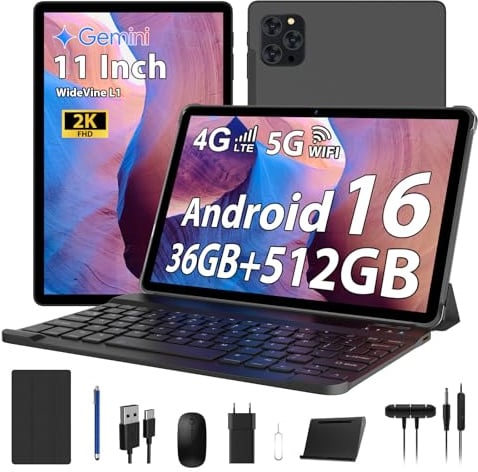 RUSHAR Tablet 11 Pollici Android 16 con 36GB RAM+512GB ROM (2TB TF), 4G LTE & 5G WiFi, Octa-Core 2.0GHz, 8000mAh, 13MP+8MP, Widevine L1, Gemini AI, GPS, Face ID, BT 5.0, Tablet con Tastiera, Nero