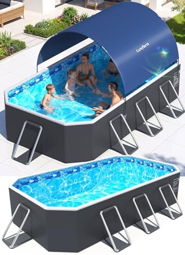 Luxfero Rectangular Frame Pool mit Dach, Faltbarer Aufstellpool Rechteckig, Verdickung Schwimmbecken mit Schatten, Schnelle Installation Gartenpool, Faltbarer Außen-Swimmingpool, 228 x 127 x 50 cm