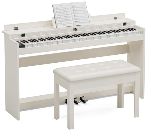 88 Key Full Size Digital Piano Keyboard,Hammer Action Electric Piano with Professional Three-Pedal & Multi-Functional Dust Cover (White with Duet Piano Bench)