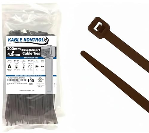 Kable Kontrol Brown Cable Ties, 200 mm x 4.8 mm, Pack of 100, 8 Premium Nylon Zip Ties, Multi-Purpose Plastic Tie Wraps, Secure Self-Locking Mechanism, for Home, Garden, Office and DIY