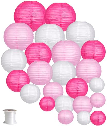 Zilue - Lot de 24 lanternes rondes en papier à suspendre pour mariage, anniversaire, fête prénatale, décoration, rose/blanc