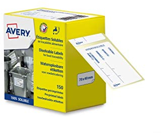AVERY - Rolle mit 150 wasserlöslichen Etiketten zur Rückverfolgbarkeit von Lebensmitteln, vorgedruckt, für Restaurant oder Zuhause, 70 x 40 mm