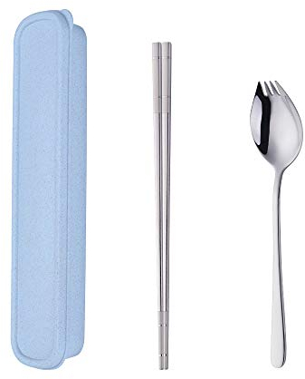 SBOMHS Portable Cutlery Set with Case Chopsticks 3 in 1 Spork (Spoon Fork Knife) Set Gift Box 18/10 Stainless Steel(Sliver)