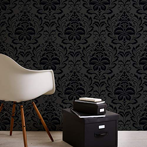 Neobarock Tapete schwarz grau | Ornament Vliestapete mit Vinyl Muster im Barock Stil | Schwarze Wandtapete ideal für Schlafzimmer und Esszimmer