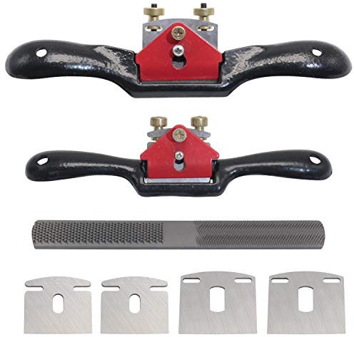 KOOTANS Lot de 2 spokeshaves réglables de 22,9 cm et 25,4 cm, avec lames de rechange et râpe à 4 voies, rabot manuel avec base plate, parfait pour raboter la coupe, le travail du bois