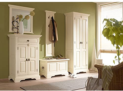 Woodkings® Flurset Catana 5-teilig Massivholz Pinie weiß Flurmöbel Set, Truhe, Garderobenpaneel, Kommode, Spiegel Echtholz