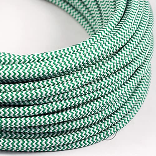 Amarcords - Textilkabel für Lampen WEISS-GRÜNES ZICKZACK, rund, Seide, 30 Meter, mit 2 Leiter 2x0,75 - Stoffkabel mit farbigem vintage Stoff überzogen für Kronleuchter, Wandlampen und Lampenschirme