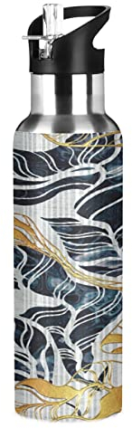 Vnurnrn Médaillon Traditionnel Style Japon Bouteille d'eau Isotherme avec Paille en Acier Inoxydable Gourde 600ML, Sans Bpa Gourdes Eau pour Enfant Sport Randonnée École Bureau