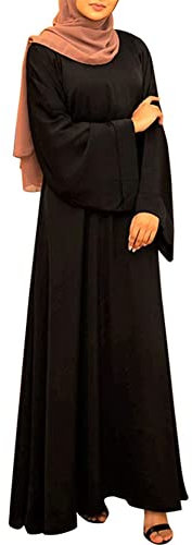 IWEMEK Women Abaya Muslim Dubai Kaftan Dress Solid Plain Full Length Loose Fit Long Sleeve Maxi Robe Arabic Burka Islamic Dresses Middle East Outfits Clothing Black L
