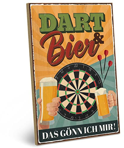 ARTFAVES® Holzschild mit Spruch - Dart und Bier | Shabby Chic Vintage Schild | Deko Geschenk zum Thema Hobbyraum, Stammtisch, Männer, Vatertag | Größe: 19 x 28 cm