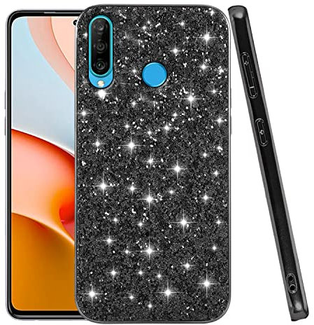 Kompatibel mit Huawei P30 Lite Hülle Glitzer Silikon TPU,Handyhülle Huawei P30 Lite Dünn Stoßfeste Kratzfest Anti Rutsch (Schwarz)