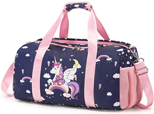 Reisetasche Kinder Sporttasche Kind Tanztasche Mädchen Weekend Bag Trainingstasche mit Schuhfach Schwimmtasche mit Nassfach 18 L * 9.75 H * 8 W
