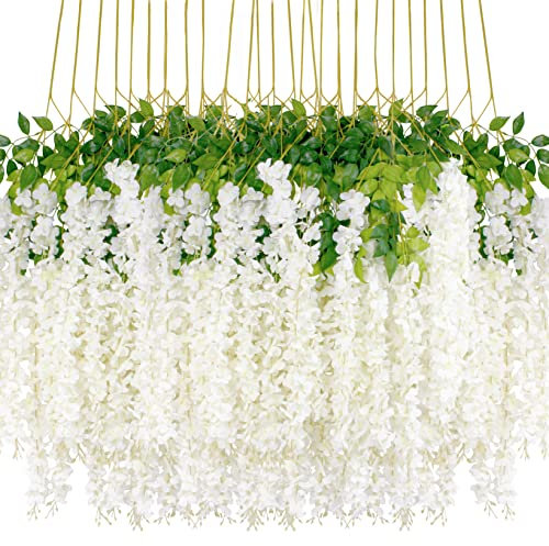 24Pcs Artificial Wisteria Flowers 43 inch/Piece White Dense Artificial Fake Wisteria Vine Ratta Hanging Garland Silk Flowers String Home Party Wedding Decor(White-Dense）