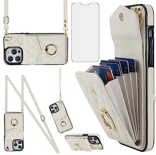 Asuwish Phone Case for iPhone 13 Pro Max 2021 6.7 inch Wallet Cover with Screen Protector Ring RFID Blocking Credit Card Holder Cell iPhone13promax 5G i Phone13Max Plus iPhone13 ProMax Women Off White