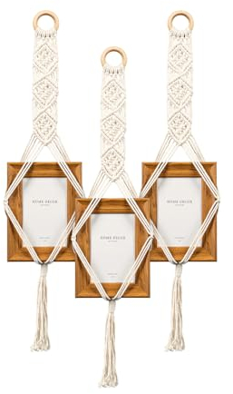 HAGEFOL® 3er-Set Holz Optik Bilderrahmen, mit handmade Makramee Aufhänger passend für Bilder 10x15cm, Collage, Fotowand, Bilderwand, Boho Deko, Makramee Wandbehang, Macrame Wandhänger