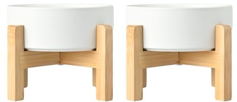 SPUNKYJUNKY Hundenapf Keramik Erhöhter Futternapf Set mit Bambus Ständer für Katzen und Hunde (1800ml, Weiß)