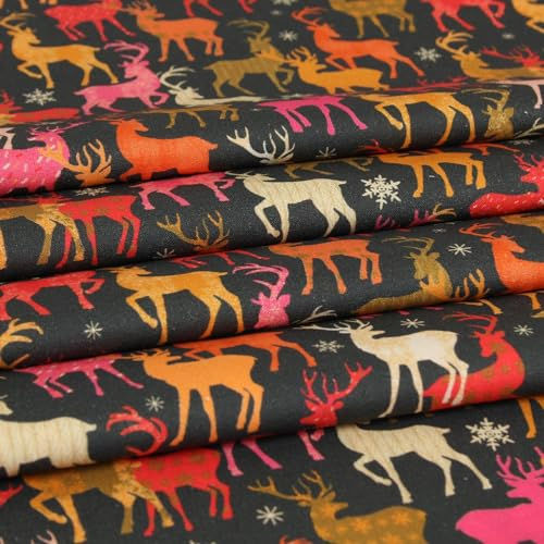 Hans-Textil-Shop Weihnachtsstoff Hirsche Bunt – Baumwollstoff Meterware 115 cm breit, 120 g/m², Winter Stoff mit Hirschen & Schneeflocken – für Kissen, Tischdecken, Deko, Basteln, Weihnachten