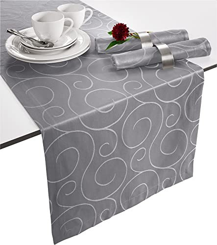 Erwin Müller Tischläufer, Tischdecke Oberhausen, Jacquard Ranken grau Größe 40x170 cm - pflegeleicht, bügelleicht, mit Kuvertsaum
