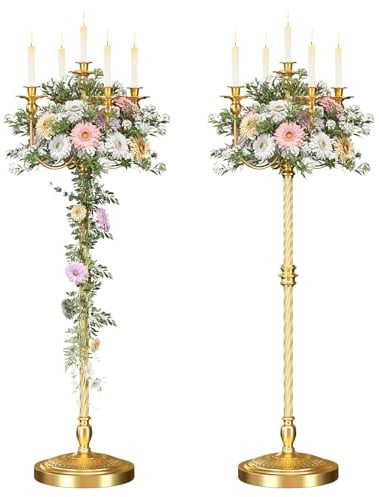 mopam 2 x goldener Boden-Kandelaber, 5-armig, antiker Kerzenhalter | 127,7 cm großer Kerzenleuchter als Dekoration für Hochzeit, Zeremonie und Party
