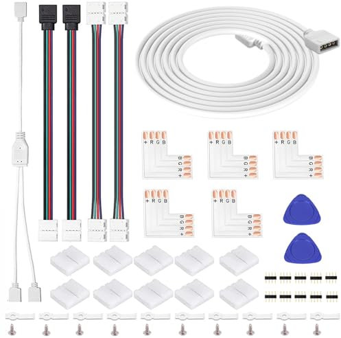 LED Strip Connector Kit - 4 Pin 8mm 3528 2835 RGB Rope Light Verlängerung, Gapless Solderless, L Shape,Y-Shape Splitter Cable, Jumper Connectors