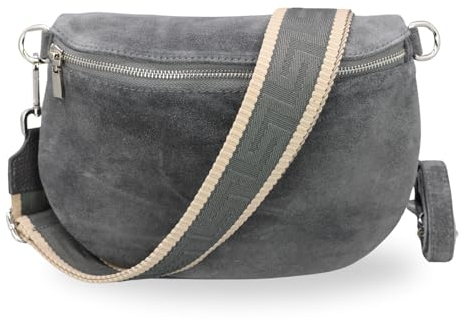 BRISE Bauchtasche Damen Wildleder AFIA Handgemachte Umhängetasche Crossbody Bag mit Ledergurt + Optionalen Breiten Gemusterten Riemen 3 Fächer Stylische Hüftltasche Made in Italy (Dunkelgrau-3)