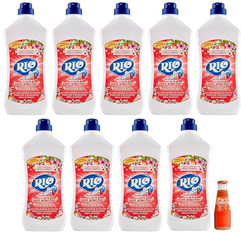 9x RIO Bum Bum Pavimenti, detergente per pavimenti con alcool, profumo di Pesco Fiorito, 1000ml + 1x Gingerino Recoaro Aperitivo Italiano 10cl IN OMAGGIO
