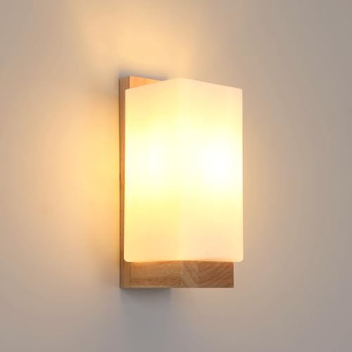 DELIPOP Wandleuchte Innen Holz, Moderne E27 Wandlampe Innen mit Glas Lampenschirm, Minimalistische Wandbeleuchtung für Wohnzimmer Schlafzimmer Flur