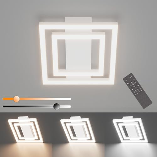 Klighten Lámpara de Techo 35W Regulable con Mando a distancia, Moderna Plafón Led Techo, Luz de Techo Aluminio para Dormitorio Salón Cocina Pasillo, 29 x 29 cm, 3000-6000K, 2400LM, Blanc