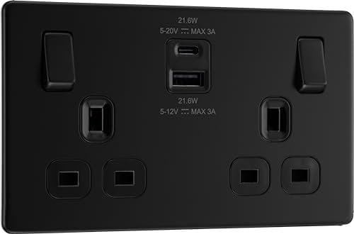 BG Electrical Double Switched Power Wall Plug Socket with Fast Charge Type A and C USB Ports, Screwless, Flatplate, Matt Black, 13A, 22W, FFB22UAC22B