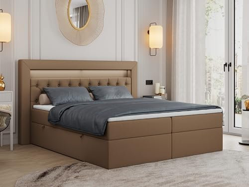 MKS MEBLE Boxspringbett 160x200 mit Led Braun Kunstleder, Bett 160x200 mit LED Kopfteil, Multipocket Matratze H3, Doppelbett mit Bettkasten Stauraumbett - Gold-6 - Braun Kunstleder