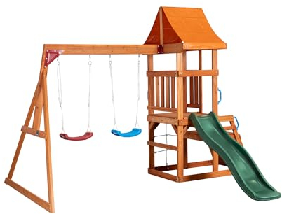 hillvert Torre infantil con plataforma, 2 columpios, muro de escalada, tobogán de 1,8 m de longitud y red de escalada Estructura de escalada infantil Parque infantil Barras de mono para niños