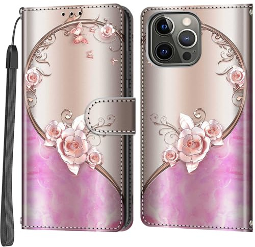 Salanheo Handyhülle für iPhone 13 Pro Hülle, Rosa Rose | Magnetische, Stoßfeste Faltbar Klapphülle, Standfunktion, Kartenfächern, Geldbeutel, PU Lederhülle, Handytasche