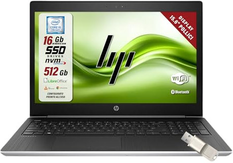 HP Probook, Pc Portatile intel i5-7200u 2.5Ghz 2 Core, Display HD da 15.6, Ram 16Gb, SSD 512 Gb, Win 10, Notebook Pronto all'uso con Libre Office, Omaggio Chiavetta USB FingerPrint (Ricondizionato)