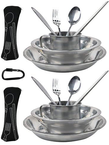 Mess kit 2 Person, Camping Kitchen Set, Camp Utensil Set, Picnic Set, Camping Dish Set, Stainless Steel Dinnerware Set, Plate Bowl Cup Set Person, Backpacking Dish Utensil, Camping Mess Kit