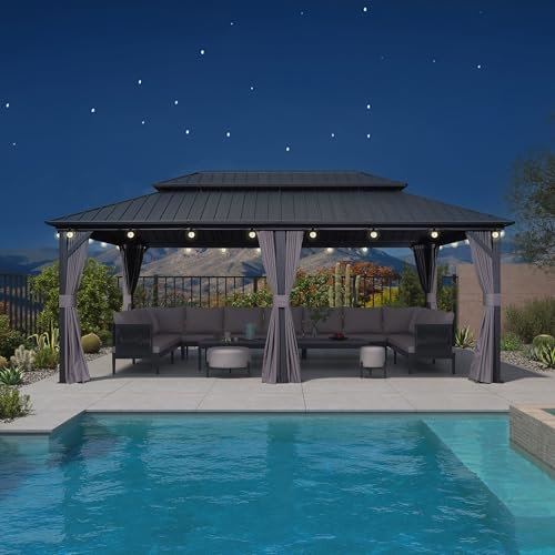 PURPLE LEAF Pavillon 3.65 x 6 m Wasserdicht Stabil Winterfest, Basisch Hardtop Pavillon mit Seitenwänden Gartenpavillon mit 21.9 m 36 LED Kugel Lichterkette für Carport, Grau