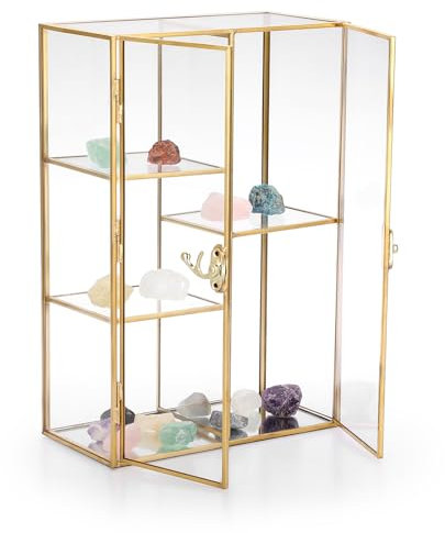 Messing-Glas-Vitrine mit Schloss, Tisch-Aufbewahrungshalter für Figuren, Edelsteine, Achate, Felsen, 5 Fächer, dekorative Organizer-Box