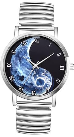 JewelryWe Herrenuhr Yin-Yang Elastische Uhren: Tai Chi Yin und Yang Wolkenmuster Analog Quarz Armbanduhr Herren Silber Edelstahl Stretch Armband Lässige Uhr mit Zugarmband und Römischen Ziffern