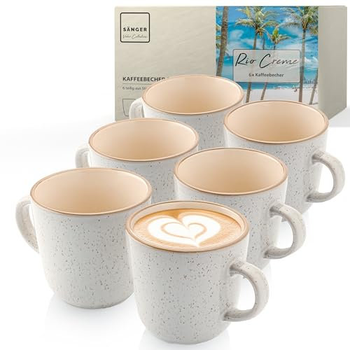 SÄNGER Rio Creme | Kaffeebecher 6 tlg, Steingut Tassen Set für 6 Personen, Tassen multifunktional, spülmaschinen-mikrowellenfest, Coffee Mug Teetasse, Kaffeetassen cremefarben 430 ml |VALUE COLLECTION